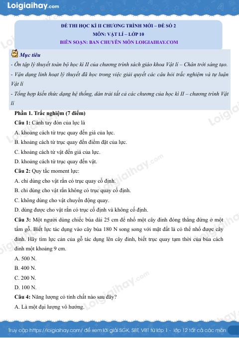 Đề thi học kì 2 Vật lí 10 Chân trời sáng tạo - Đề số 2